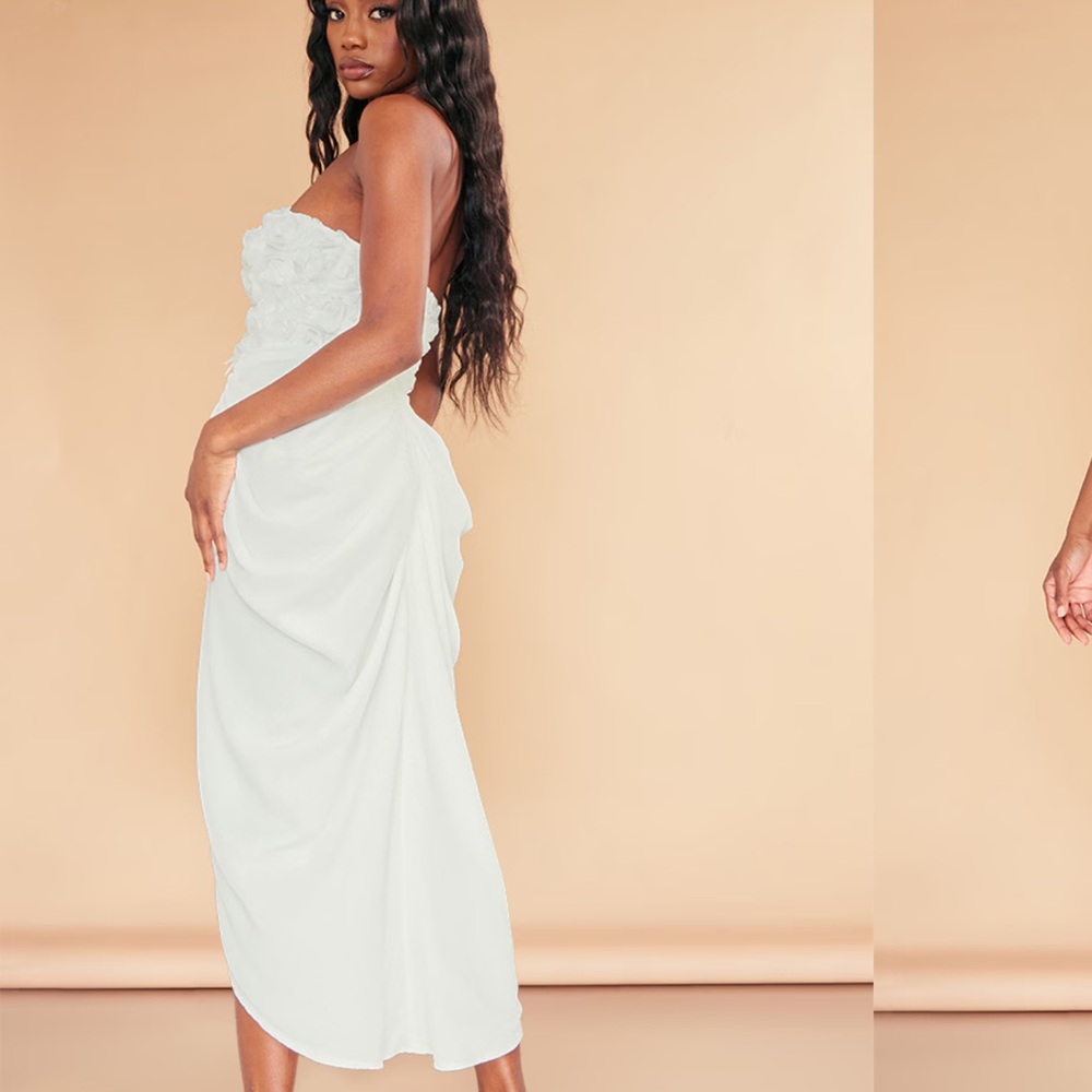 PrettyLittleThing WHITE APPLIQUE ROSE DETAIL DRAPED MIDAXI DRESS - Picture 2 of 5